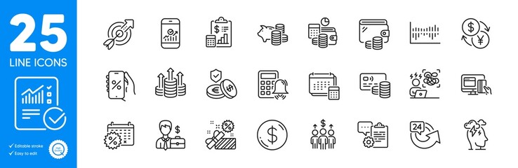 Outline icons set. Sale, Card and Smartphone statistics icons. Checked calculation, Meeting, Wallet web elements. Target, Report, Stress signs. Businessman case, Budget, Dollar money. Vector