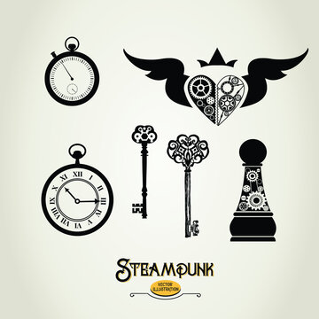 Steampunk illustrations -mechanic heart, keys, clocks