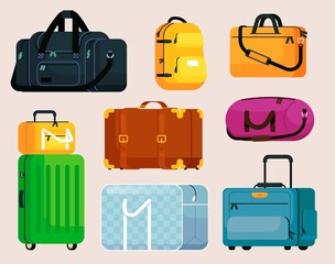 Different travel luggage bag and suitcase set. Journey trip belongings transportation package - obrazy, fototapety, plakaty
