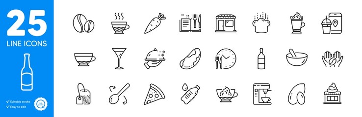 Outline icons set. Pizza, Martini glass and Brazil nut icons. Coffee beans, Coffee maker, Food app web elements. Cooking mix, Water bottle, Food time signs. Peanut, Ice cream, Market. Vector