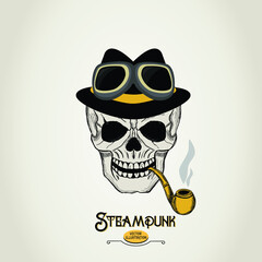 Steampunk illustrations -human skull with hat, pipe and goggles