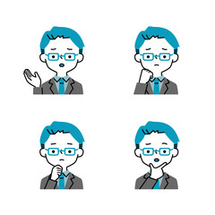 Fototapeta premium 考えるポーズと表情のメガネのビジネスマンのシンプルなイラストセット