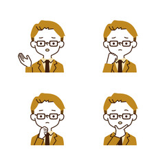 考えるポーズと表情のメガネのビジネスマンのシンプルなイラストセット