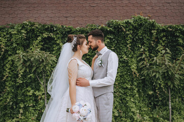 A young, bearded, smiling groom in a gray suit and a beautiful, sweet bride in a white dress are embracing against a background of green curly decorative grapes, foliage. Wedding photography.
