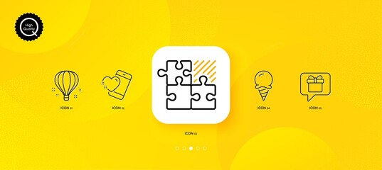 Fototapeta na wymiar Wish list, Ice cream and Puzzle game minimal line icons. Yellow abstract background. Heart, Air balloon icons. For web, application, printing. Present box, Sundae cone, Jigsaw combination. Vector