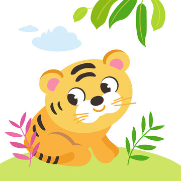 Cute tiger cub in nature. Animal in cartoon style for design. Vector illustrations, full color.