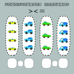 math problem: Greater, less, or equal. Count the number of cartoon colored toys cars and compare. Educational math game for children.