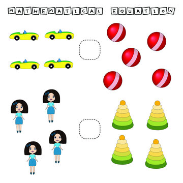 Developing activities for children, compare which more  toys. Logic game for children, mathematical inequalities.
