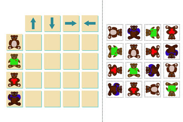 Match cartoon bears and directions up, down, left and right. Educational game for children.

