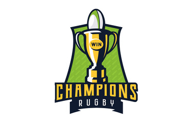 Logo, emblem of rugby champions. Colorful emblem of the cup with the ball on the background of the shield. Rugby champions logo template, championship winners, league cup winners. Vector illustration