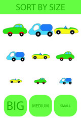 Match the toys cars by size large, medium and small. Children's educational game.