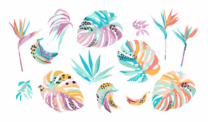 Fototapeta premium Vector illustrations of tropical leaves, flowers and bananas. Clipart, isolated elements.