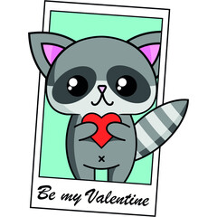 Cute raccoon. Vector illustration. Valentine card. 