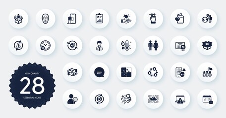 Set of Business icons, such as Cloud system, Thermometer and Time management flat icons. Cyber attack, Certificate, Love document web elements. Puzzle, Location app, Online warning signs. Vector