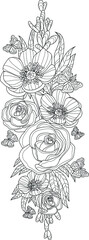 Realistic mix flower bouquet with anemone, rose flower and butterflies sketch template. Spring season cartoon vector illustration in black and white for game, background, pattern. Coloring paper, page