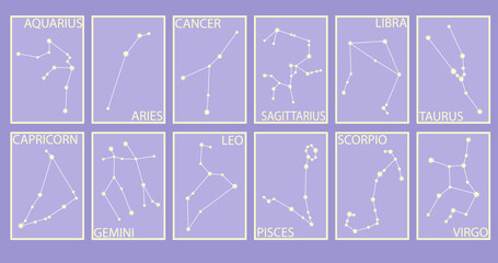 Set of cards illustrating constellations of zodiac signs