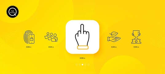 Fototapeta na wymiar Winner cup, Lock and Leaf minimal line icons. Yellow abstract background. Teamwork, Middle finger icons. For web, application, printing. Award cup, Biometric lock, Plant care. Remote work. Vector