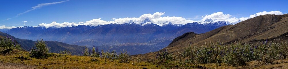 Panorama of mountains in the Cordillera Blanca National Park near the Huata District in the Ancash region of Peru.
