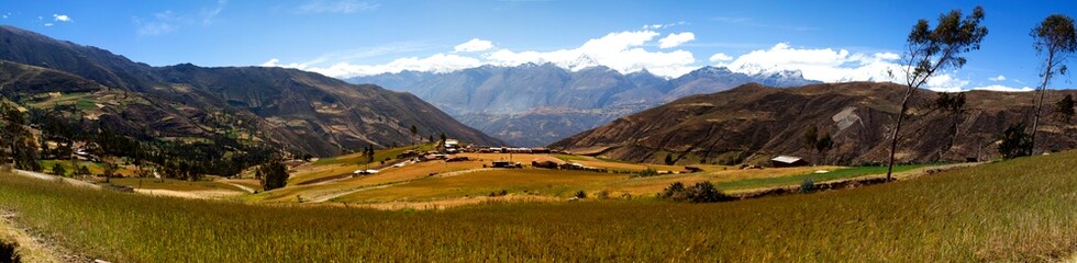 Panorama of mountains in the Cordillera Blanca National Park near the Huata District in the Ancash region of Peru.