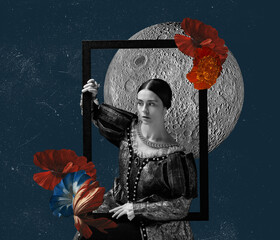 Contemporary art collage. Idea, inspiration, aspiration and creativity. Model like medieval royalty person in vintage clothing. Concept of comparison of eras, artwork. - obrazy, fototapety, plakaty