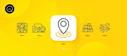 Fototapeta na wymiar Honeymoon travel, Location and Wholesale goods minimal line icons. Yellow abstract background. Metro map, Truck parking icons. For web, application, printing. Vector
