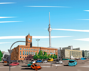 Germany. Berlin TV Tower. Hand drawn sketch. Unusual perspective. City vector illustration © romanya