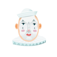 Famous Mardi Gras festival character. Mask that you can often see at New Orleans Parade or Venice Carnival. Isolated head mask sticker. Pierrot clown makeup face vector image - obrazy, fototapety, plakaty