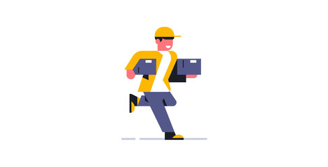 The courier delivers parcels at a run to the address of the order. Online parcel delivery service to your home. Courier in working uniform. Box, package. Vector illustration