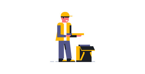 The courier delivered the food order to your home. Online parcel delivery service to your home. Courier in working uniform. Bag, backpack, pizza, food. Vector illustration