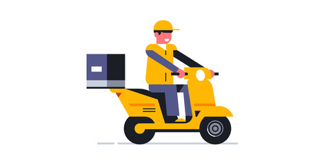 The courier delivers the order on a motorcycle. Online delivery service for parcels and food to your home. Courier in working uniform. Bike, moto, scooter. Vector illustration