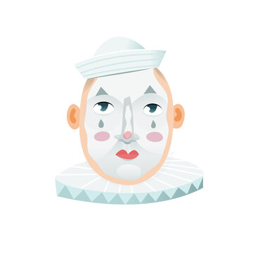 Famous Mardi Gras festival character. Mask that you can often see at New Orleans Parade or Venice Carnival. Isolated head mask sticker. Pierrot clown makeup face vector image