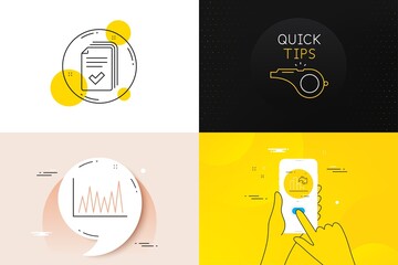 Minimal set of Line graph, Tutorials and Decreasing graph line icons. Phone screen, Quote banners. Handout icons. For web development. Market diagram, Quick tips, Column chart. Vector