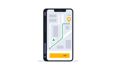 Screen of the city navigation map with the route to the selected address point in the mobile phone application. Phone, app, device, digital, map, street, route, gps. Vector illustration