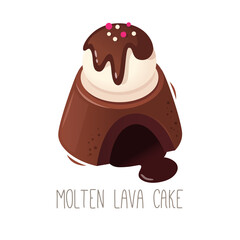Collection of cakes, pies and desserts for all letters of alphabet. Letter M - molten lava cake. Chocolate dessert with liquid center and ice cream scoop ganache on top. Isolated vector illustration