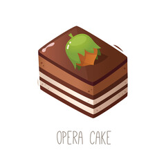 Collection of cakes, pies and desserts for all letters of alphabet. Letter O - opera cake. Chocolate coffee and almond layered sponge cake with ganache cream cover glaze. Isolated vector illustration