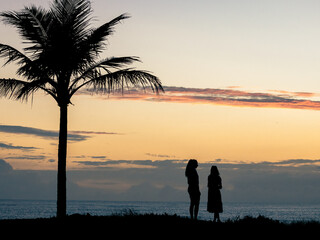 silhouette of two women watching the sunrise a side of a palm tree