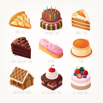 Collection of delicious desserts. Slices of traditional pies, cakes souffle ice cream and jelly. Decorated with fruit, chocolate and gingerbread biscuits. Butter cream ganache  Isolated vector images.
