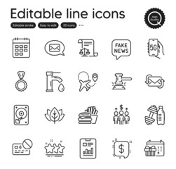 Set of Business outline icons. Contains icons as Fake news, Tap water and Organic tested elements. Airplane, Meeting, 5g internet web signs. Refresh mail, Judge hammer, Dumbbell elements. Vector