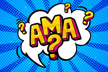 Abbreviation ama Ask me anything in retro comic speech bubble on blue background in pop art. - obrazy, fototapety, plakaty