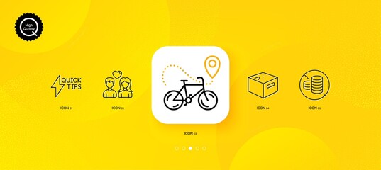 Fototapeta na wymiar Office box, Bike delivery and Quickstart guide minimal line icons. Yellow abstract background. Couple love, No cash icons. For web, application, printing. Vector