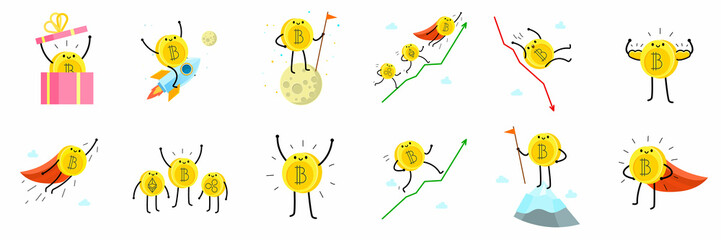 Concept of Crypto currency. Cartoon bitcoin character. Bitcoin stands and shines hands up. © vectorstory