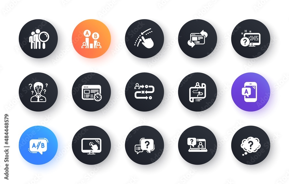 Poster ux icons. ab testing, journey path map and question mark. quiz test classic icon set. circle web but