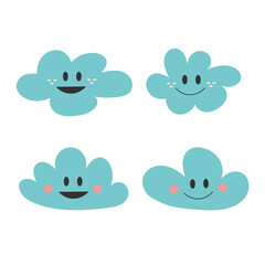 Obraz premium Cute hand drawn print with happy blue smiling clouds. Simple vector illustration on white. Set of cute icons