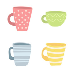 Cups. Simple cartoon drawing of vector cups on white. Set of hand drawn icons