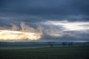  Evening landscape - sky with clouds over the meadows and forest.