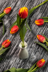 Red tulips on a black wooden background.
