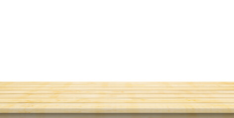 Empty wooden table top isolated on white background for product display montage