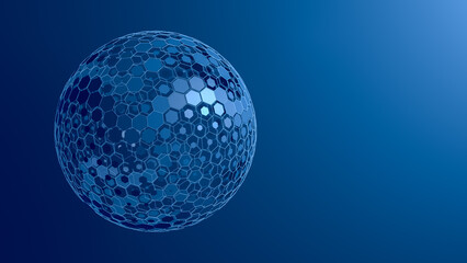 A blue sphere made of different shiny hexagons.3d illustration