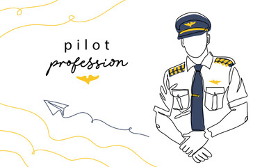 Pilot, aviator profession, man in uniform. Vector background, banner, poster. One continuous line art drawing illustration of pilot - obrazy, fototapety, plakaty