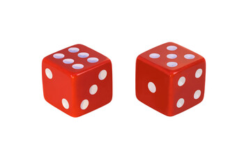 Two red dice, isolated on white. Two, three, six and one, four, five. Full clipping without shadow. Blank for the designer.
